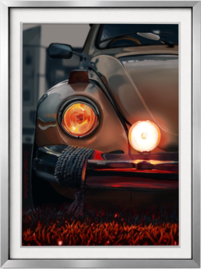 Pintura digital de un Volkswagen Beetle clásico, obra artística de Isaac Núñez, edición limitada fine art