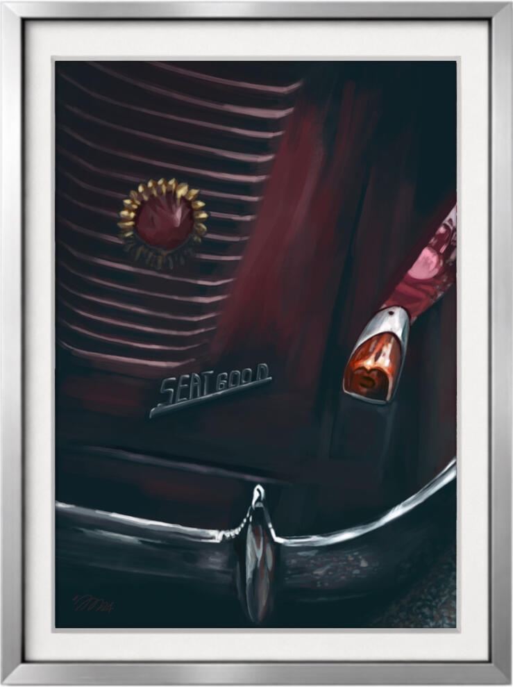 Pintura digital del SEAT 600 D vista trasera derecha, reinterpretación artística del emblema y óptica clásica con enfoque pictórico realista en edición limitada Fine Art