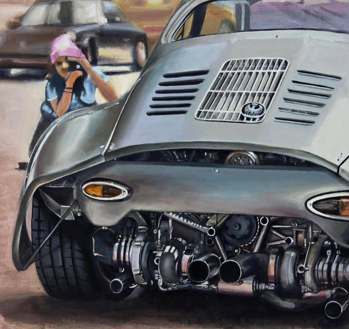 PORSCHE 953 SRS – pintura automotriz de Isaac Núñez Arte automotriz inspirado en el Porsche 356 RSR de Emory Motorsports, donde lo clásico se encuentra con la ingeniería contemporánea. Cultura restmod Mecánica expuesta, tensión visual. Técnica: acrílico sobre lienzo · Formato: 500 × 700 mm