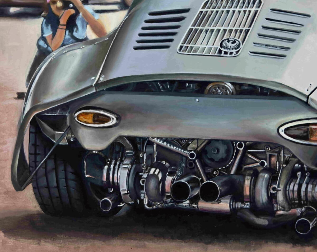 PORSCHE 953 SRS – pintura automotriz de Isaac Núñez Arte automotriz inspirado en el Porsche 356 RSR de Emory Motorsports, donde lo clásico se encuentra con la ingeniería contemporánea. Cultura restmod Mecánica expuesta, tensión visual. Técnica: acrílico sobre lienzo · Formato: 500 × 700 mm